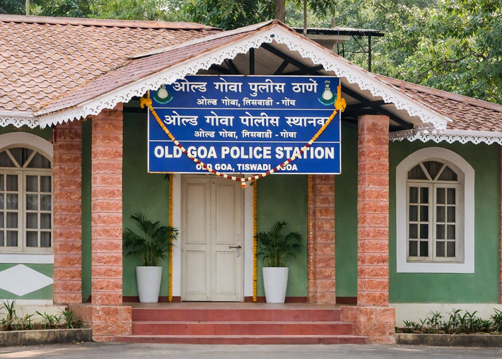 A clean, bright view of the Old Goa Police Station building with its red pillars, green walls, and blue signboard.
