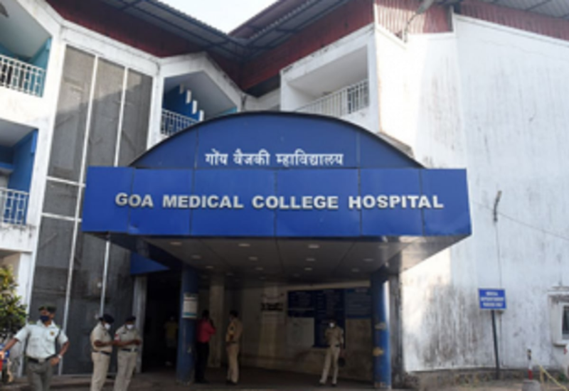 The image shows the main entrance of Goa Medical College Hospital in Bambolim, Goa.