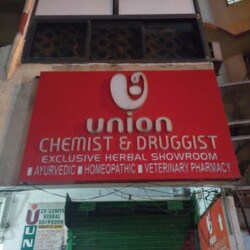 The image shows a large red storefront signboard for "Union Chemist & Druggist" highlighting their Ayurvedic, homeopathic, and veterinary pharmacy options above a closed green roller shutter.